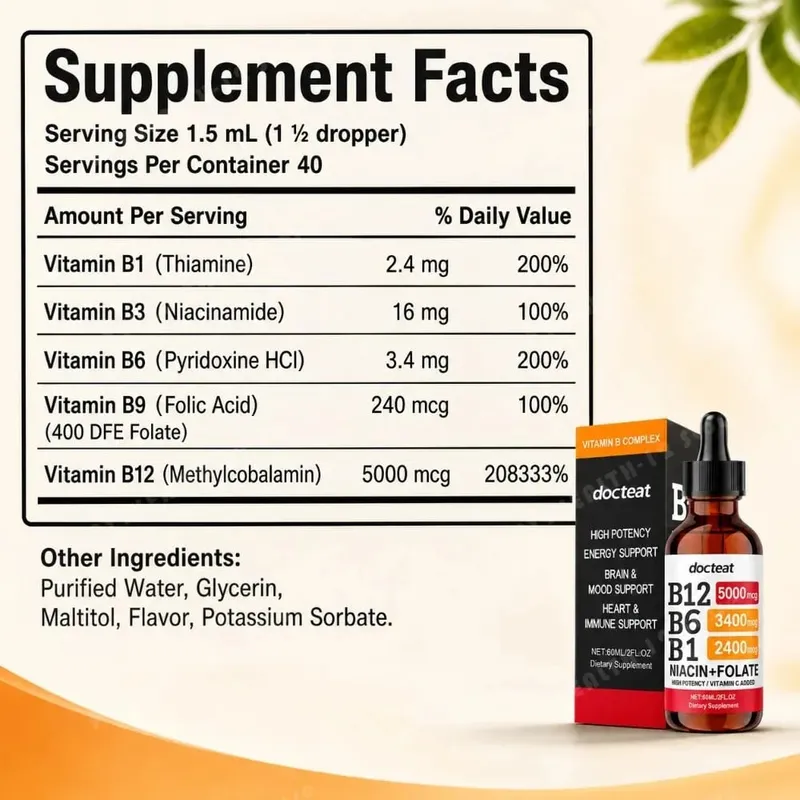 Docteat B Complex Drops 60ml High Power B12 5000mcg Methylcobalamin אנרגיה מוח מצב רוח לב תמיכה חיסונית ללא GMO טבעוני — image 2