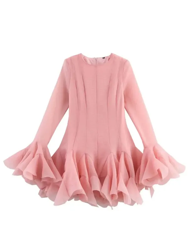 2026 Sommer Kvinders Elegante Flerlags Flæsede Kant-Minikjoler Dame Sød Fransk Stil Lange Flare-ærmer Slim Fit Puffy Robe