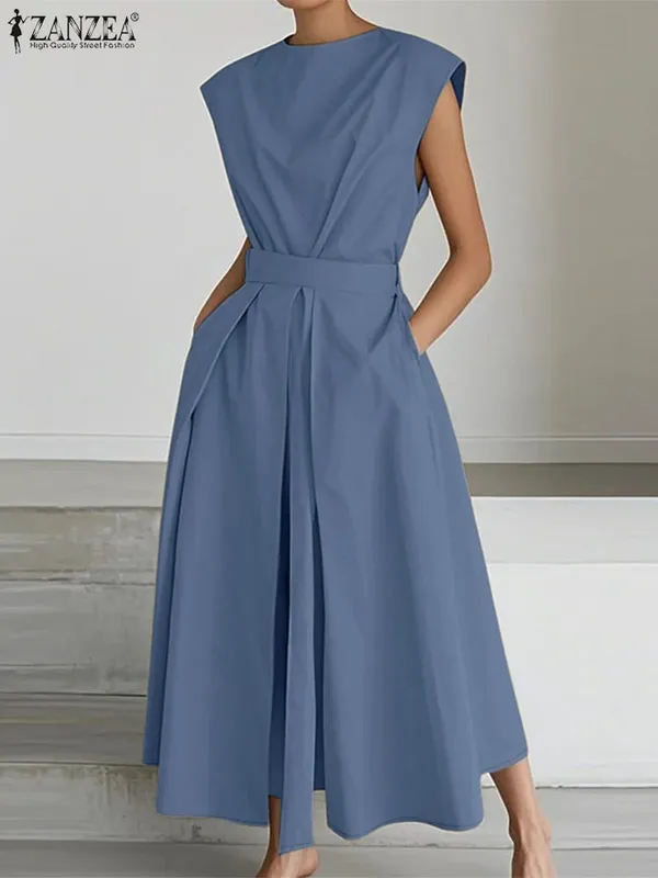 Elegant Chic ผู้หญิงชุดยาวลำลองแขนสั้นคอเอวสูง Casual & Day เสื้อชุดสีทึบ S-3XL — image 11