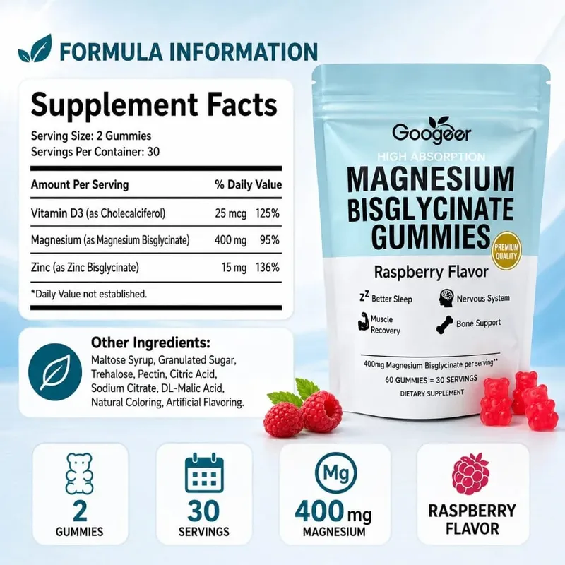 Gummies au bisglycinate de magnésium, saveur de framboise, 400 mg de magnésium, vitamine D3, Zinc, haute Absorption, 60 unités, supplément quotidien — image 3