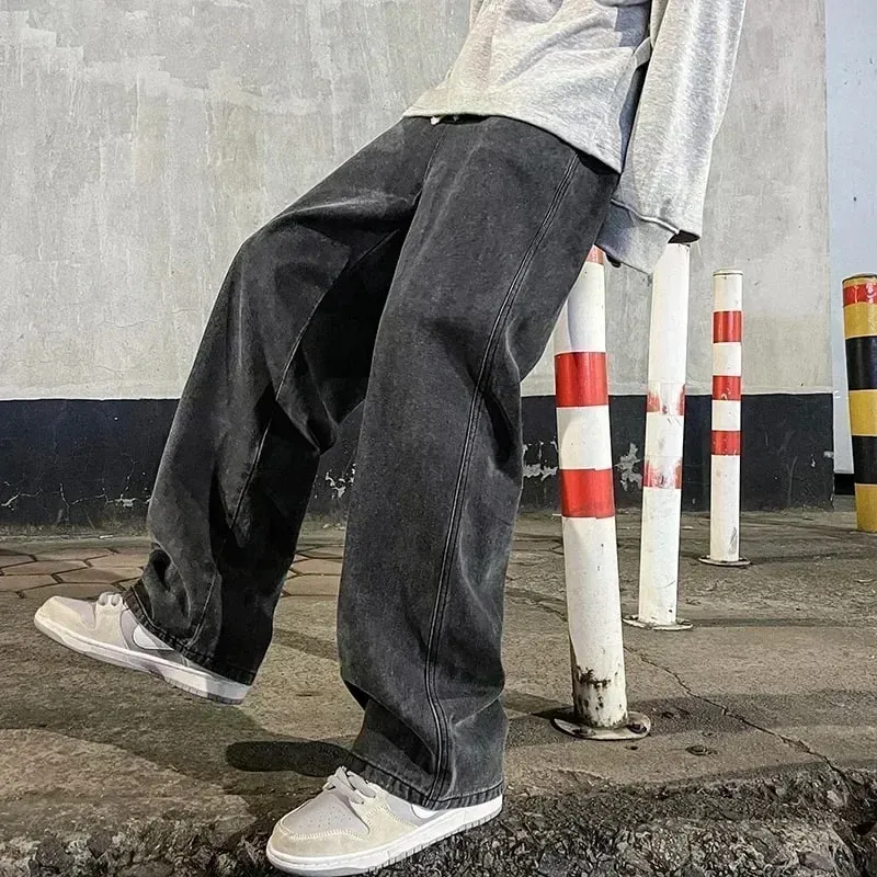 Men's Jeans Korean Version Student Casual Pants High Street Straight Loose Wide Leg Jeans Black Grey Blue Baggy Jeans — image 9