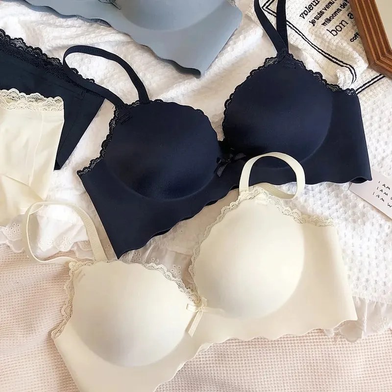 Wire Free Push Up Thicken Underwear For Women Small Chest Gather Seamless Bra And Panty Sets Bow Pure Color Fashion Intimates — image 2