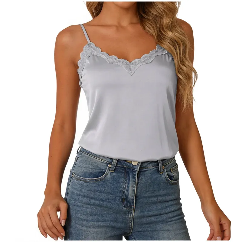 Musim Panas Wanita Satin Tank Tops Lace Trim Patchwork Sutera Selesa Tanpa Lengan Camis Elegan V-Neck Tanpa Belakang Solid Seksi Tops — image 10