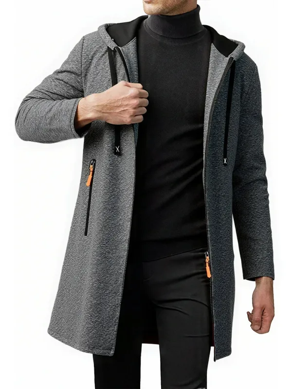 Ensemble de 2 pièces pour hommes, veste à capuche mi-longue avec fermeture éclair complète, manteau chaud doublé en polaire avec capuche à cordon de serrage et poches zippées, vêtements d'extérieur décontractés pour l'automne et l'hiver, usage quotidien