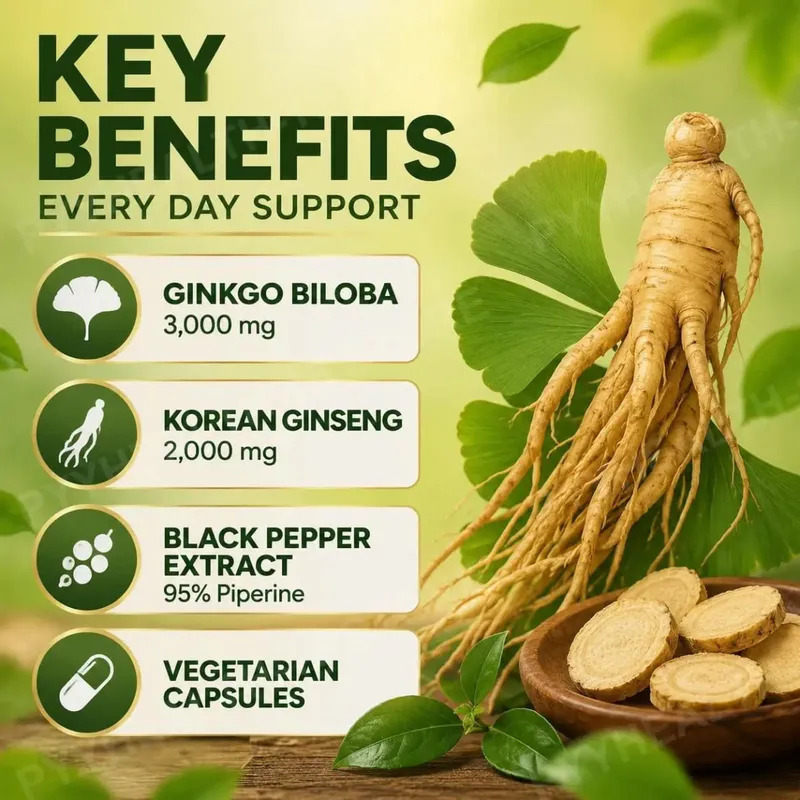Panax Ginseng & Ginkgo Biloba 5000mg Equivalent with 95% Piperine Daily Energy Focus & Vitality Support 120 Vegetarian Capsules — image 4