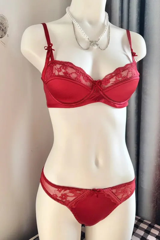 Set Bra Minimizer Renda Merah Populer Wanita Setengah Cangkir Ultra Tipis Payudara Besar Dukungan Lembut Pesta Pengantin Bulan Madu Malam Setelan 32-38