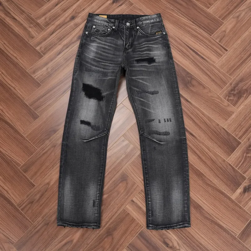 Bahar Yıkanmış Siyah Gri Denim Kot Erkekler için Yırtık Delik Sıkıntılı Tasarım Düzenli Düz Bacak Rahat Trendy Rahat Pantolon