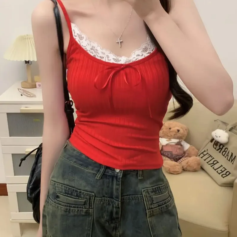 Hiasan Renda Patchwork Seksi Baju Atasan Camis Kasual Manis Ramping Pejal Leher V Tanpa Lengan Baju Kebal Comel Wanita 2025 Musim Panas Streetwear Wanita — image 10