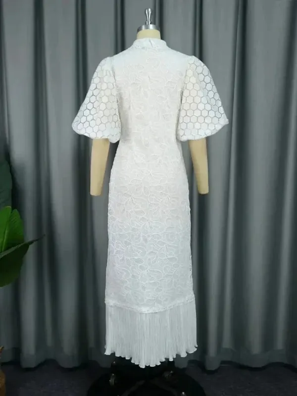 Gaun Renda Putih untuk Wanita Tetamu Perkahwinan Kolar Turn Down Elegan Lengan Puff Labuh Berlipat Gaun Midi Pakaian Acara Mewah — image 4