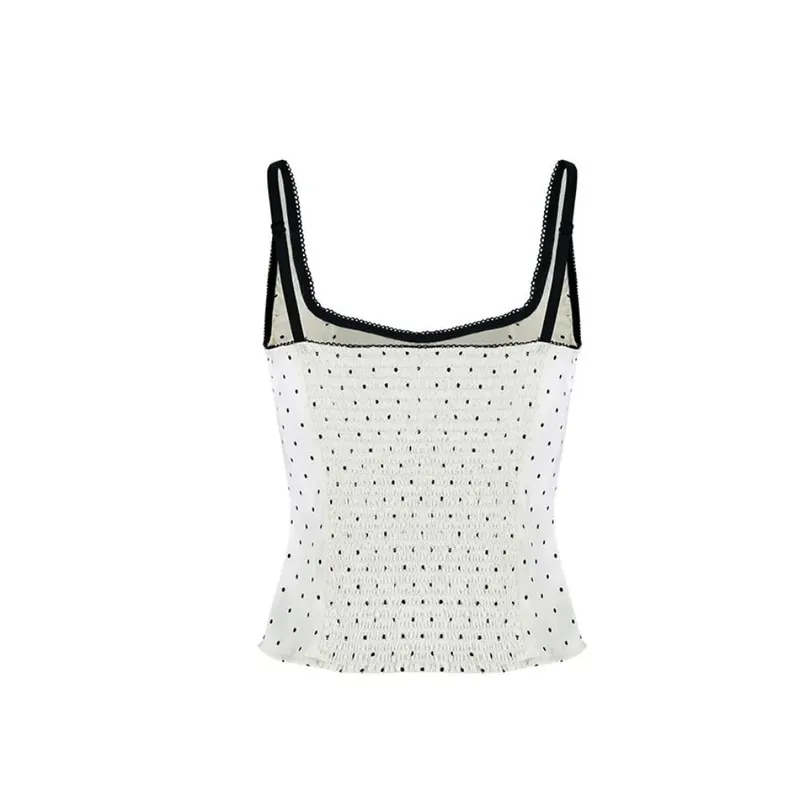 Street Chic สปาเก็ตตี้ Polka Dot Tank Top สแควร์คอ Slim Cropped แขนกุดผ้าไหมเสื้อกั๊ก Off-ไหล่ลูกไม้ Camis หญิง — image 3