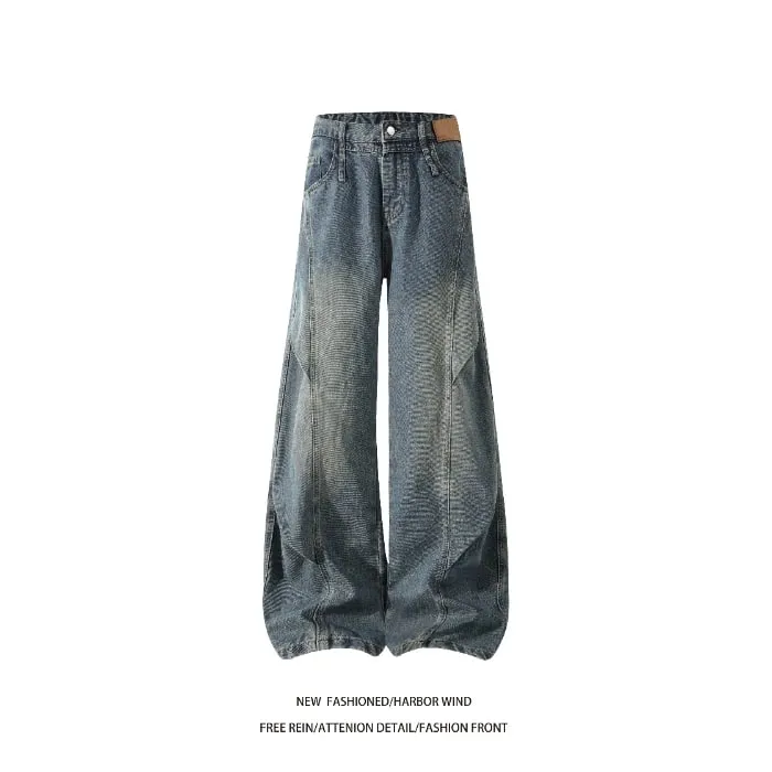 Celana Jeans Panjang Kasual Longgar Desain Berlipat Sambungan Jahitan Kontras Jeans Pedang Kaki Lebar Gaya Amerika 2026 Pria untuk Pria — image 9