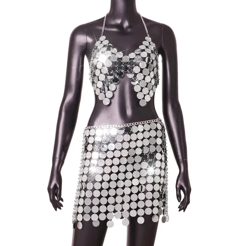 Frauen Pailletten Kette Metall Tops Karneval Backless Metallic Hohl Einstellbare Reflektierende Nachtclub Top Für Frauen топ женский — image 5