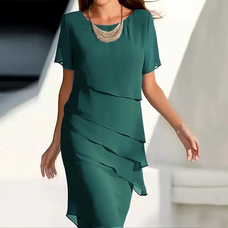ใหม่ชุดสตรี O-คอแขนสั้น Ruffle Elegant สีทึบ Fashiona Midi กระโปรง — image 5