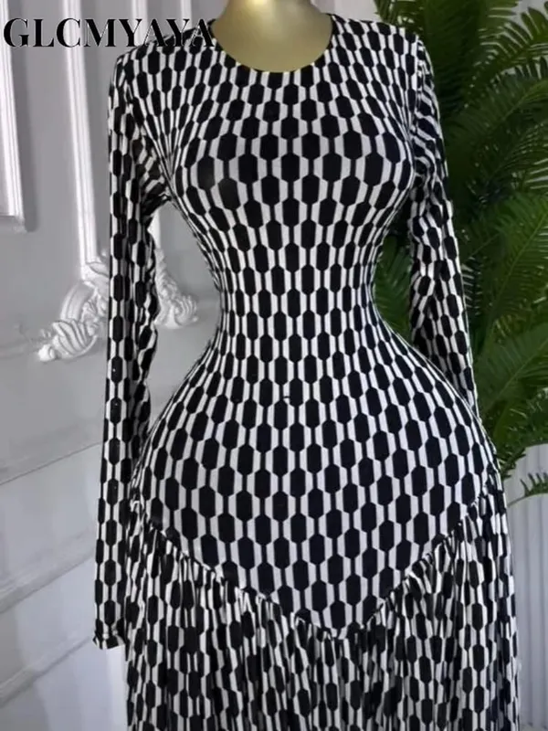 CM.YAYA Women Plaid Round Neckline Long Sleeve Fit and Flare Long Maxi Dress 2025 Even Party Education Bakasyon Dresses Vestidos — image 6