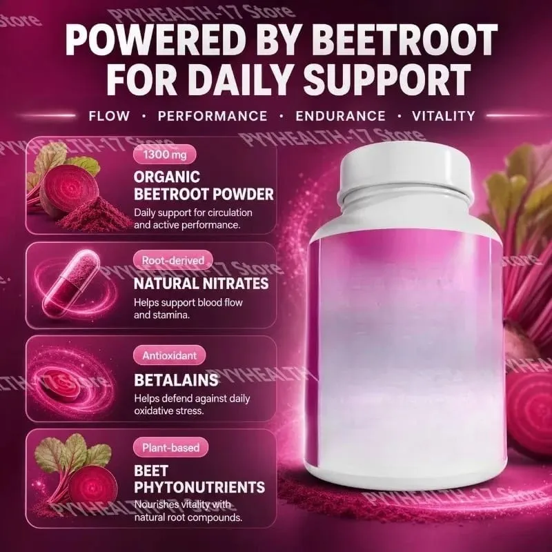 Ang Beetroot Capsules Non-GMO Beets ay Sumusuporta sa Malusog na Sirkulasyon at Athletic Performance Organic Beetroot Powder 1300mg 60 Capsules — image 3