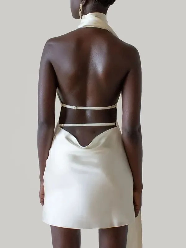 VGH Patchwork Resmi Elbiseler Kadınlar Için Halter Yaka Kapalı Omuz Kolsuz Yüksek Bel Backless Saten Mini Elbise Kadın Tarzı — image 5