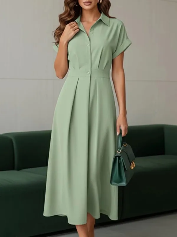 Elegant Chic ผู้หญิงชุดยาวลำลองแขนสั้นคอเอวสูง Casual & Day เสื้อชุดสีทึบ S-3XL — image 5