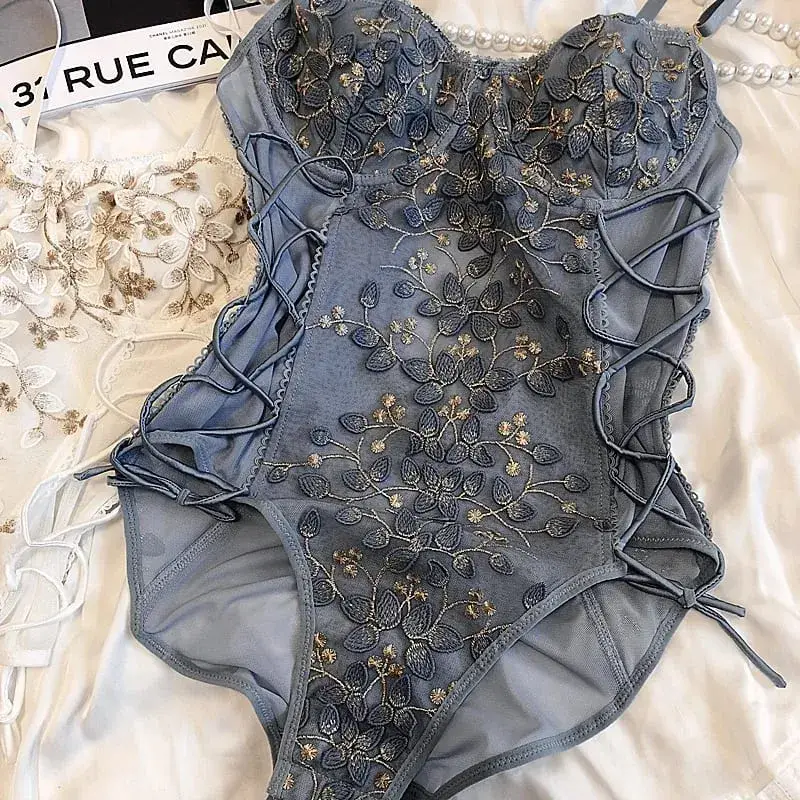 Ensemble de soutien-gorge une pièce avec broderie tridimensionnelle de pétales de fleurs, lingerie, anneau en acier doux, sangle sexy, sous-vêtements façonnant le fichier ouvert