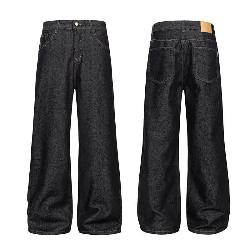 Reka bentuk butang retro gaya Amerika seluar jeans basuh musim bunga dan musim luruh pinggang tinggi longgar seluar jeans kaki lebar jalan tinggi untuk lelaki dan wanita