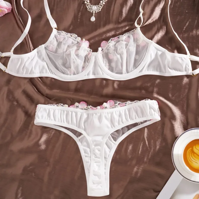 See Through Ultra Thin Transparent Mesh Bra Tongs Sets Underwear Flora Embroidery Underwire Sexy Lingerie Women Brassiere White — image 3