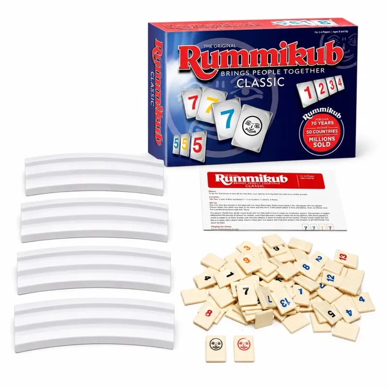 Rummikub 클래식 숫자 타일 전략 보드 게임 (랙 포함) 가족 파티 어린이 성인 영어 버전
