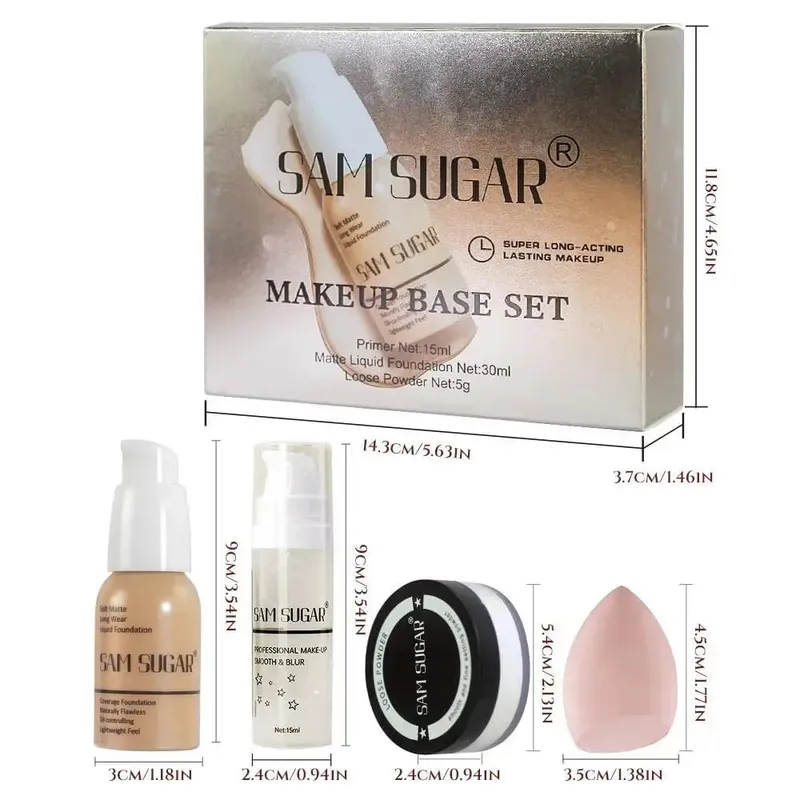 Makeup Base Sæt med 15ml Primer 30ml Matte Foundation 5g Løs Powder Puff For Glat Fejlfri Hud Longwear — image 7