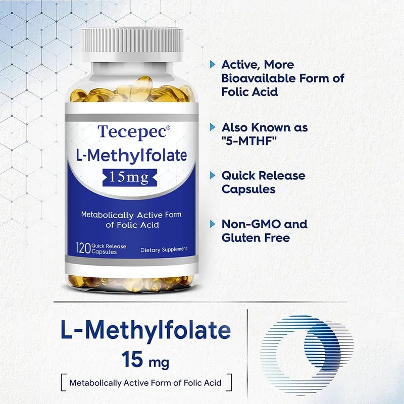 L-Methylfolate 15mg Supplement - Metabolically Active Form of Folic Acid Support Brain & Heart Health Non-GMO Gluten Free — image 2
