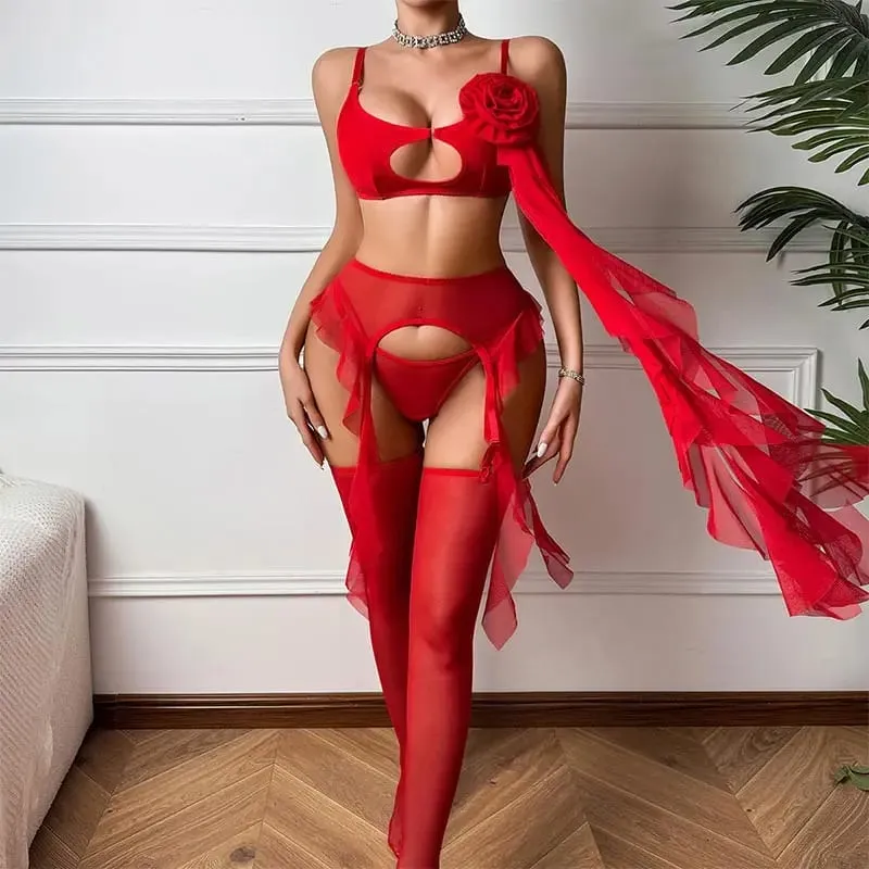 레드 메쉬 브래지어 세트를 통해 볼 레드 로즈 장식 프릴 가장자리 Shapewear 여성을위한 섹시한 란제리 분할 세트 섹시한 란제리 여성
