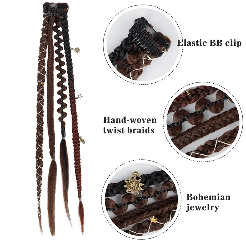 Boho Ombre Burgundy ถักผมหางม้า Extensions สังเคราะห์ Braids กับ Bohemian Viking ชิ้นผมสำหรับผู้หญิง Carnival Party — image 3