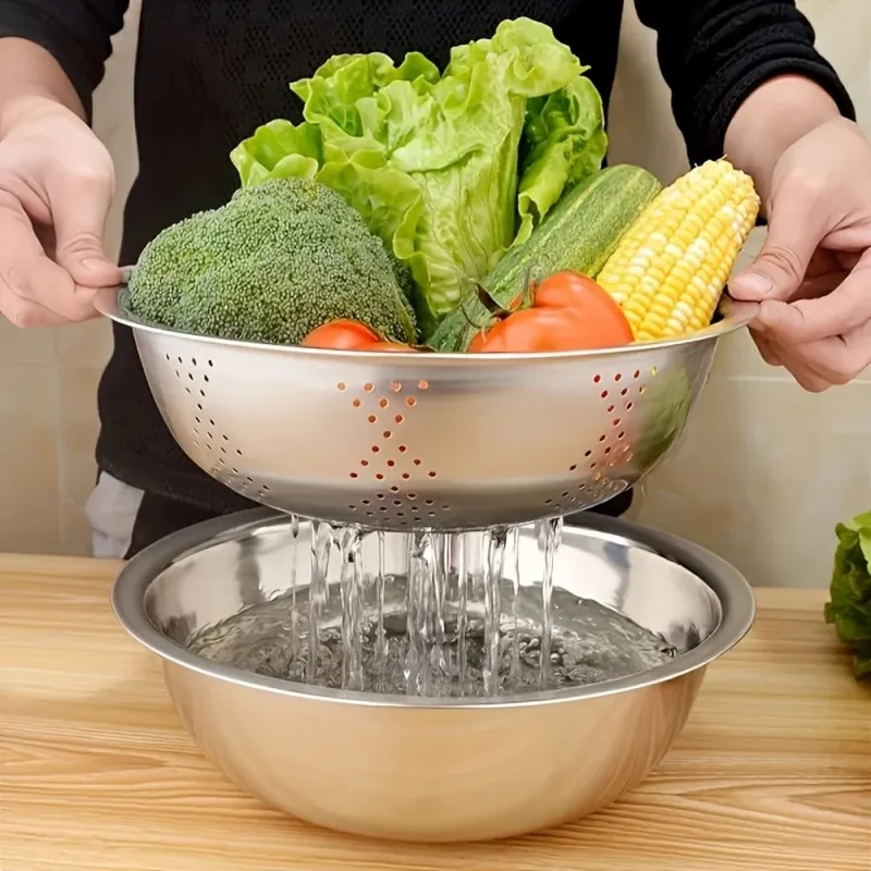 Juego de ralladores de cocina multifuncionales de acero inoxidable, cuenco de drenaje con mandolina para lavado de verduras, rebanador para patatas, 3 uds. — image 2