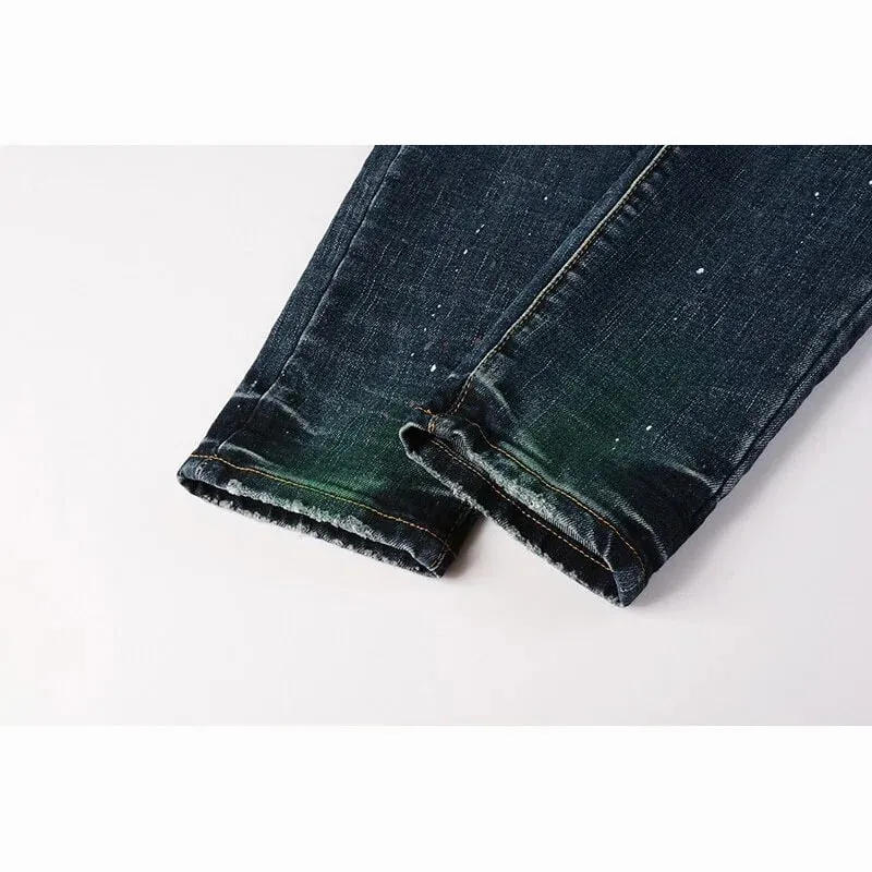 Lelaki Slim Tirus Vintaj Seluar Jeans Koyak Koyak Kecerunan Biru Hijau Merah Cat Percikan Butang Terbang High Street Fesyen Denim Pan — image 6