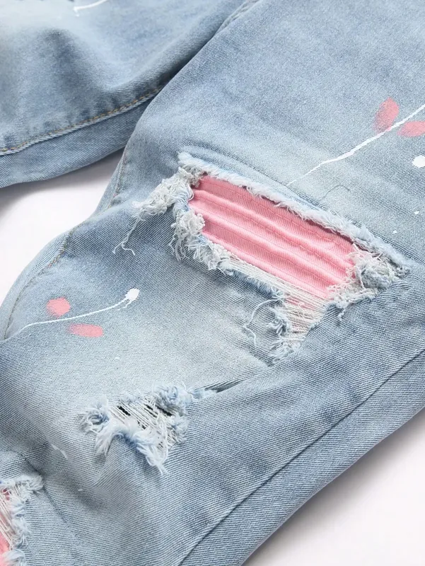 Jean Denim en détresse pour hommes, très extensible, trou déchiré, patchs de motard roses, peinture, pantalon en Denim, coupe cintrée, pantalon Hip Hop de rue décontracté — image 5