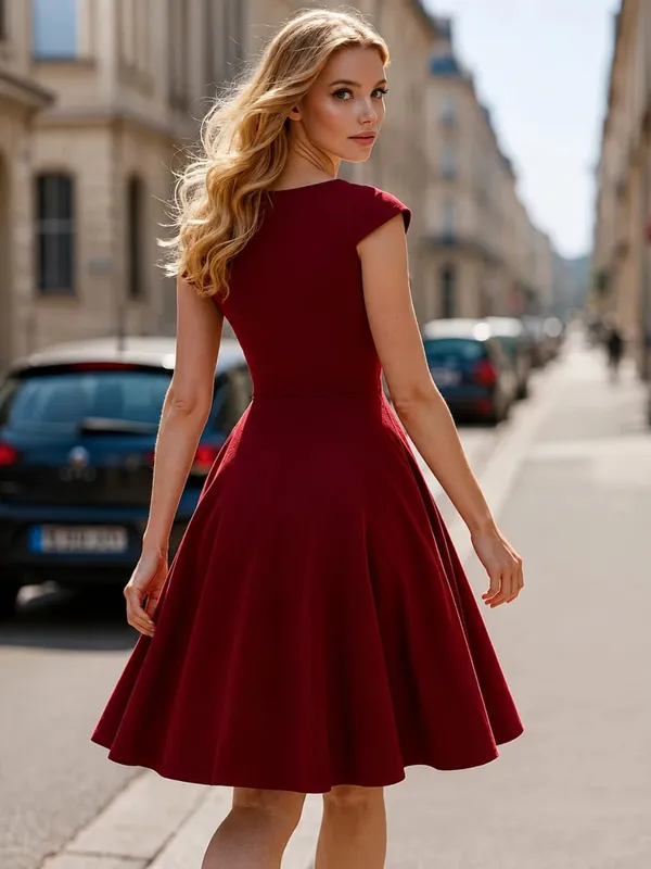 Damen-Kleid, elegant, Rundhalsausschnitt, Sommer, kurzärmelig, einfarbig, A-Linie, knielang, Kleid mit hoher Taille, für Party, Hochzeit, lässiger Abgang — image 3