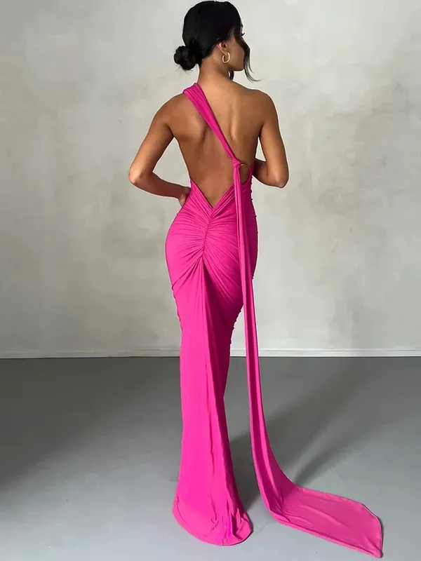 Hugcitar Satu Bahu Tanpa Belakang Selendang Boleh Laras Gelung Gaun Maxi Seksi Ruched 2025 Wanita Elegan Y2K Streetwear Festival Pakaian — image 11