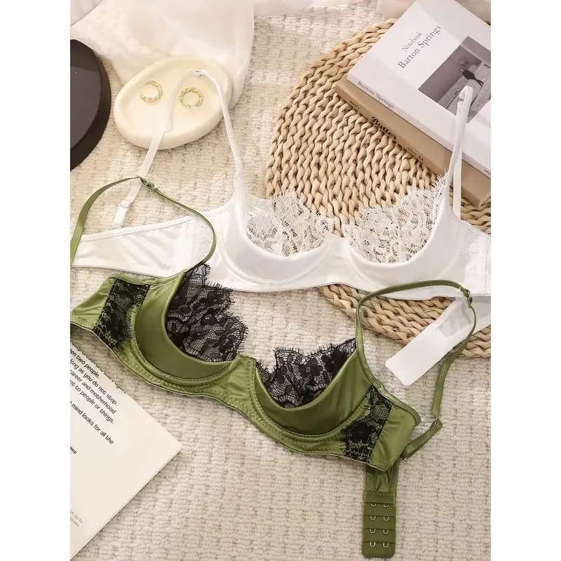 ลูกไม้ฝรั่งเศสชุดชั้นในครึ่งถ้วยชุดสีเขียว Ultra Thin SHEER นุ่มสบาย Underwire Bra สำหรับผู้หญิงหน้าอกเล็ก 32-38AB — image 6
