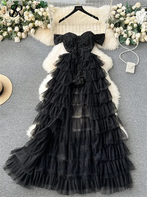 Abito da torta di alta qualità Cinturino alla moda con paillettes Pachwork Design a rete Donna Temperamento senza maniche Autunno Abito lungo lucido
