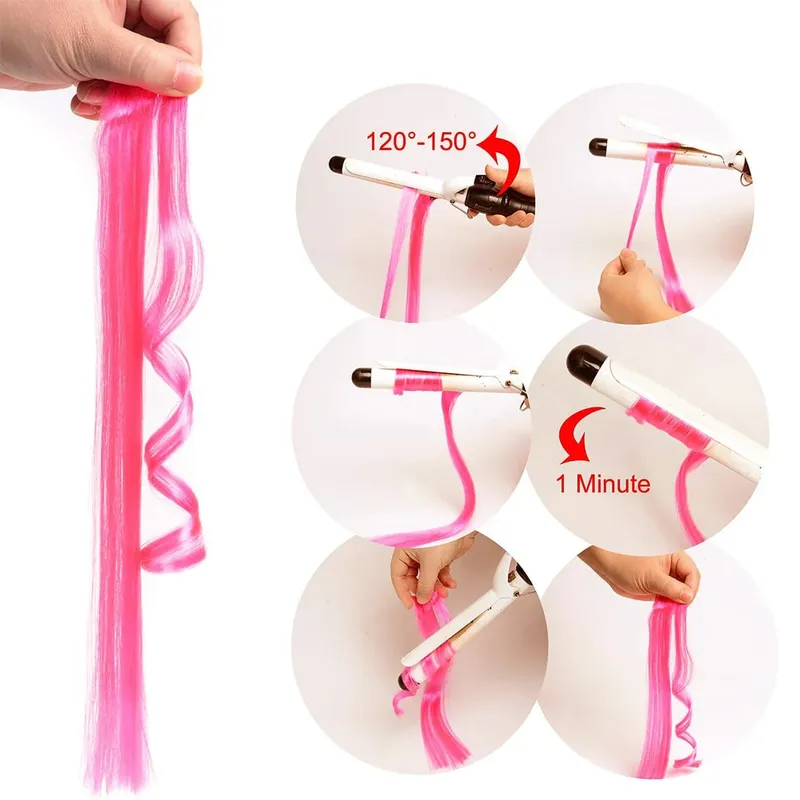 Extensions capillaires synthétiques à reflets colorés, 22 pouces, 10 pièces, postiches lisses roses pour femmes, enfants et filles, Cosplay de fête — image 4