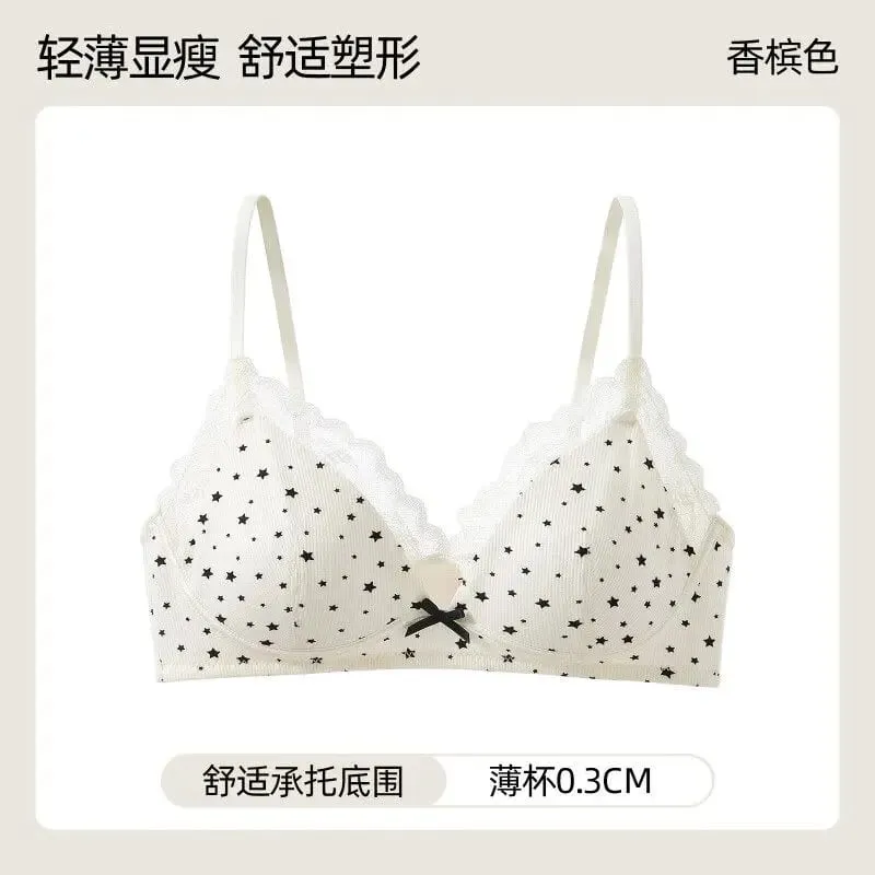 여자 폴카 도트 스타 레이스 무선 브래지어 얇은 푸시 업 안티 처짐 Bralette 작은 가슴 리프트 십대 소녀 캐주얼 매일 브래지어 뜨거운