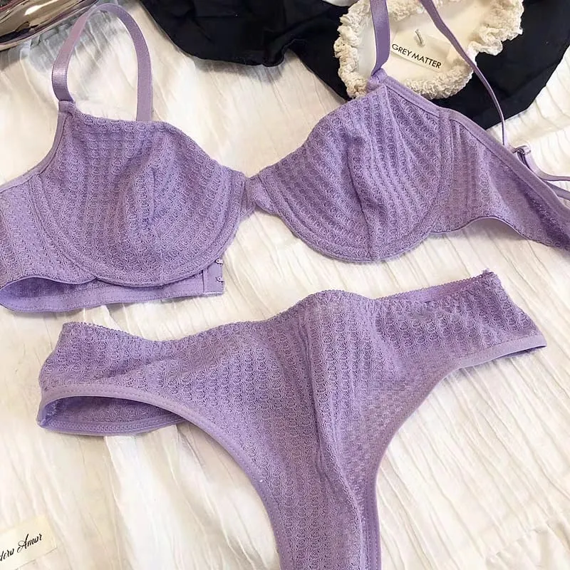Set reggiseno casual da donna in tinta unita Set intimo elasticizzato elegante Set reggiseno e slip intimo perizoma sottile — image 2