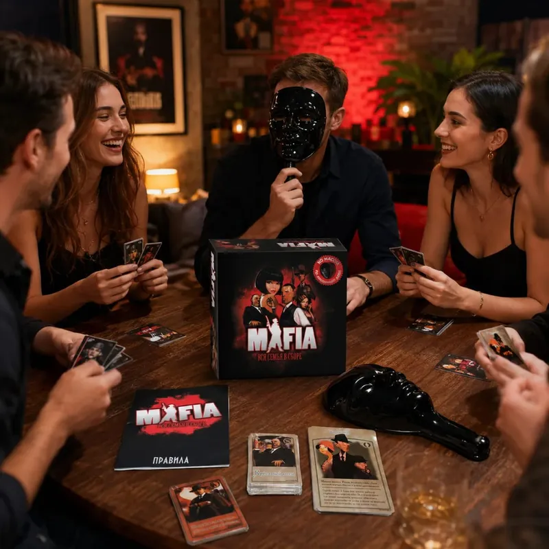 Mafia Board Game Set Strategy Deduction Party Card Game with Mask and Cards for Family Game Night Russian Version