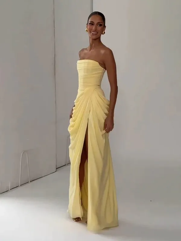 Elegantes, solides, plissiertes, trägerloses Maxikleid, gelb, schulterfrei, rückenfrei, hohe Taille, geteilte Robe, 2026, neues Damen-Abend-Partykleid — image 2