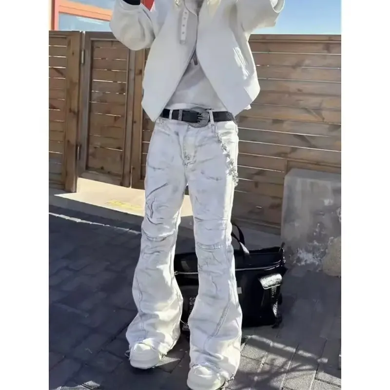 Jean évasé rétro américain Y2K pour femmes, pantalon en Denim blanc délavé, Patchwork, Vintage Hrajuku Punk, taille haute, Slim, Streetwear — image 5