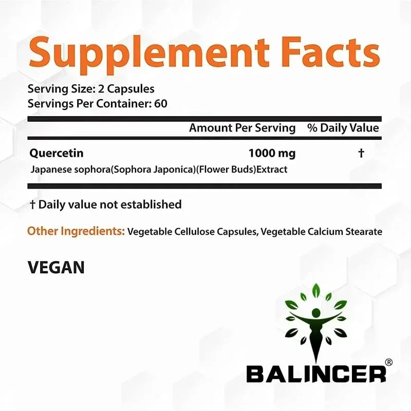 Quercetin 1000Mg of Bioflavonoids Per Veggie Capsule Supplement Supports Immune Cardiovascular Respiratory Health Antioxidant