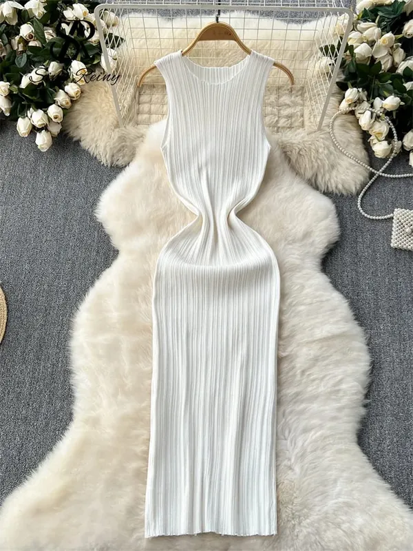 Pakaian Panjang Sarung Wanita O Leher Tanpa Lengan Pejal Berlipat Berkait Berkait Fesyen Elastik Bertali Elegan Pakaian Bodycon Seksi Retro — image 6