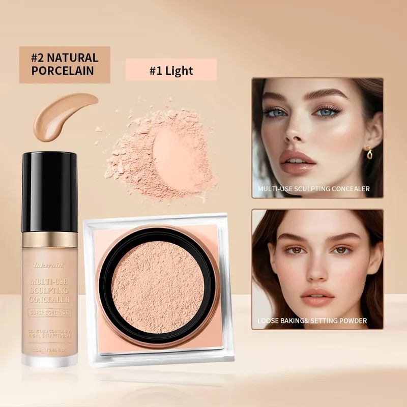 Set Solekan Wajah 2pcs Dengan Concealer dan Bedak Tetapan Longgar Wajah Asli Licin Matte Kemasan Kosmetik Wanita Makeup Korea