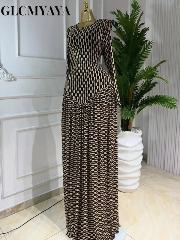 CM.YAYA Women Plaid Round Neckline Long Sleeve Fit and Flare Long Maxi Dress 2025 Even Party Education Bakasyon Dresses Vestidos — image 3