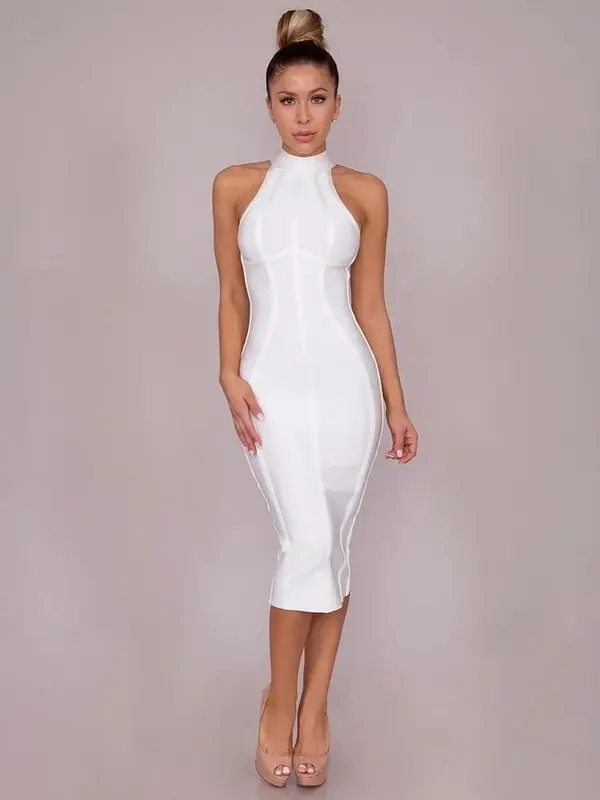 Sexy Summer Elegant Dress Elastic White Solid Stretched Empire Bodycon Dress 2024 Women Fashion Party Dress XL Wholesale — image 6