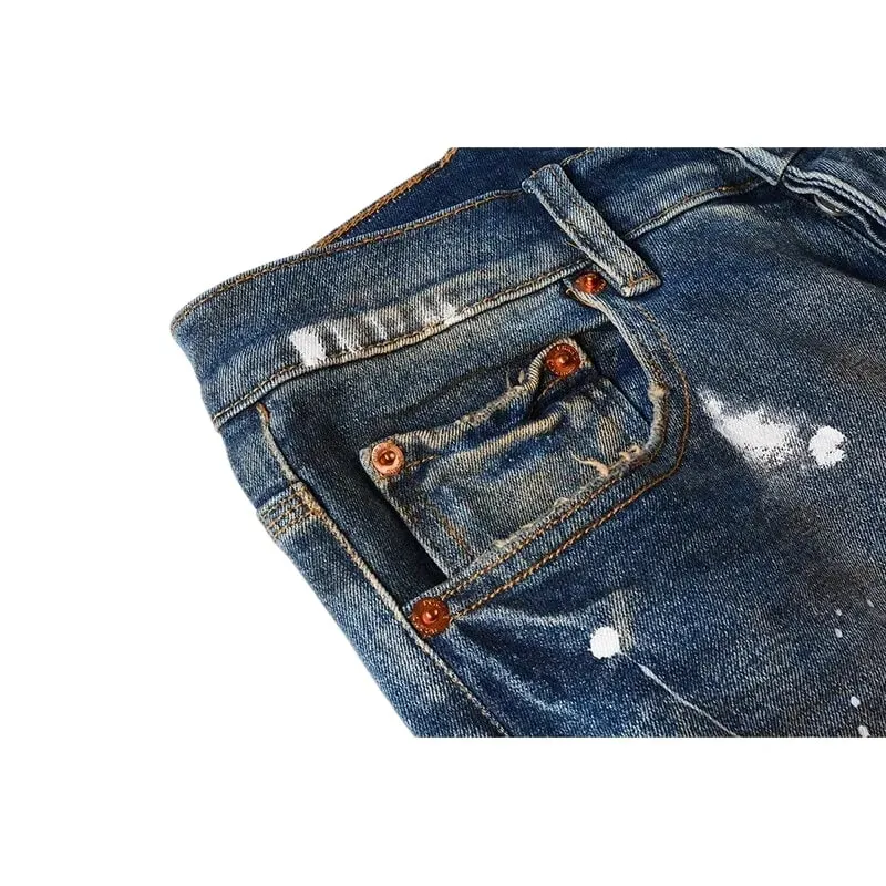 Jeans affusolati slim con strappi multipli da uomo Lavaggio sfumato blu vintage Bottoni con schizzi di vernice bianca Fly High Street Style — image 3