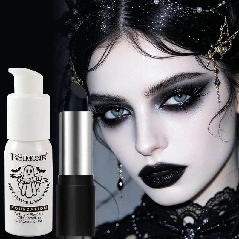 2pcs Set Black Diamond Glitter Lipstick & White Foundation Halloween Cos Stage Creative Makeup Kit For Face & Lip