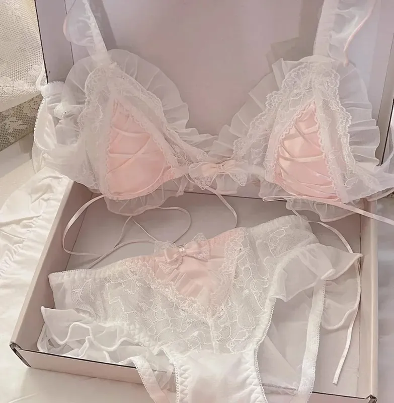 W stylu Lolita cienka koronkowa miseczka trójkątna biustonosz dla kobiet śliczny mały biust seksowna bielizna — image 8